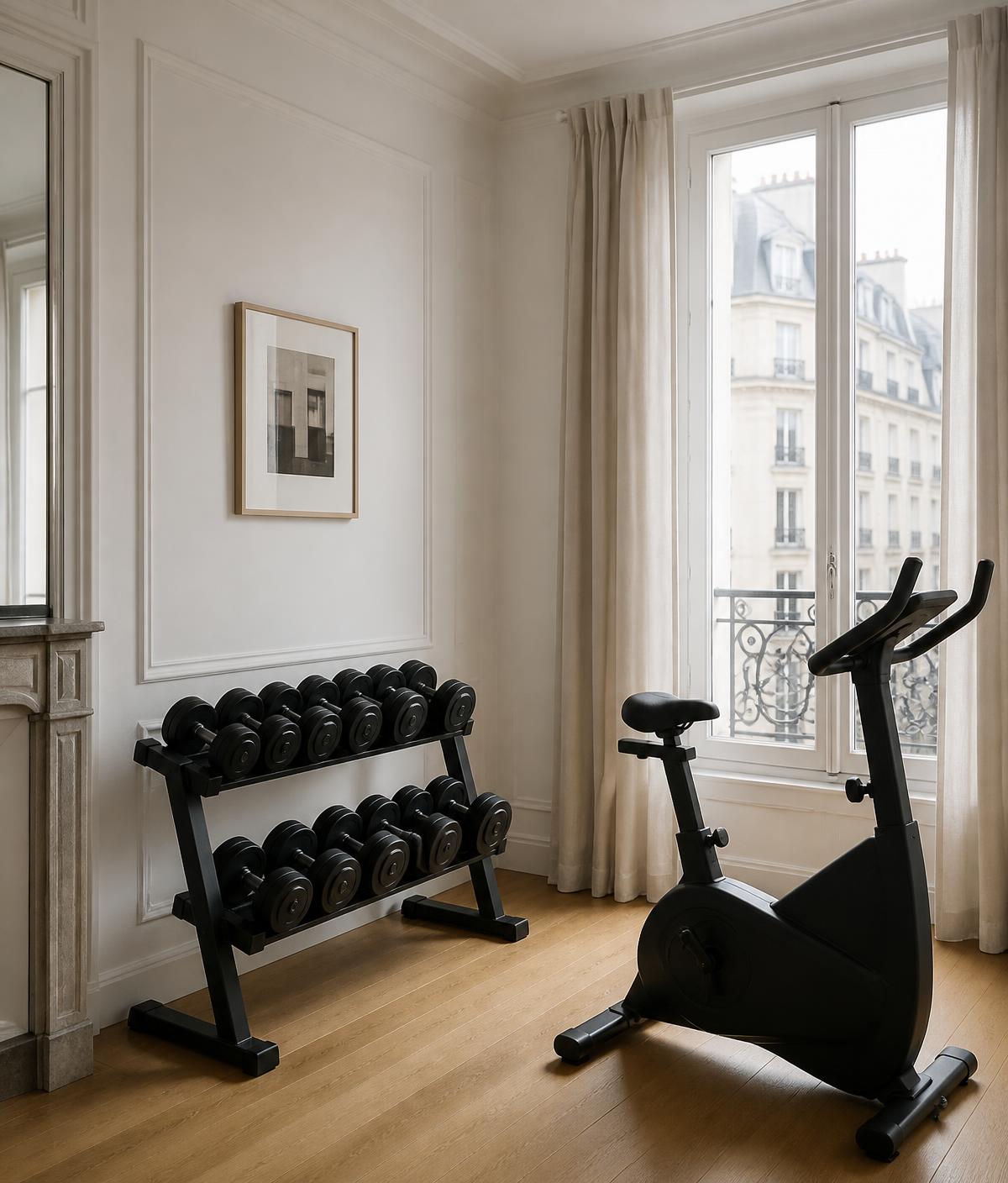 Dumbbell rack and exercise bike in a bright Parisian apartment